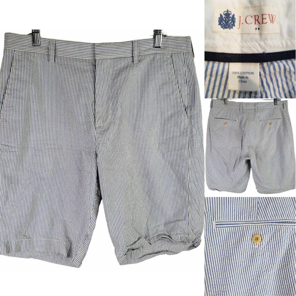 J Crew Shorts Seersucker Mens Size 34 Blue White Striped Chino Pockets Resort